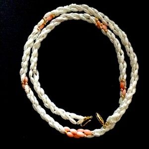 VINTAGE 3 STRAND TWISTED FRESHWATER PEARL AND CORAL NECKLACE